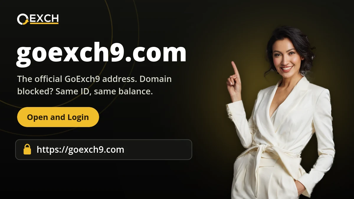 goexch9.com official GoExch9 address banner with a presenter pointing to the address