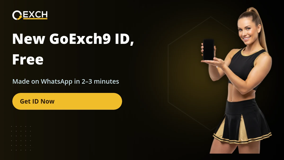 GoExch9 ID banner with a presenter showing a phone for the free WhatsApp sign up