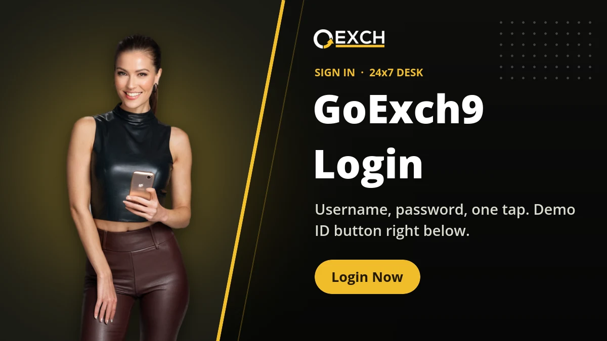 GoExch9 login banner with a woman holding a phone ready to sign in